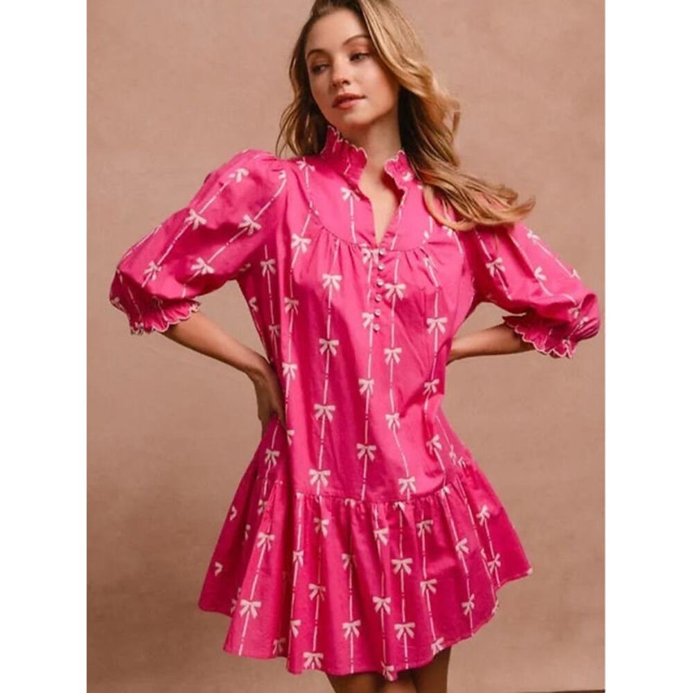 BiBi Hot Pink Mini Dress with White Bow Print